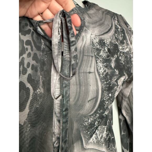 TUBO sheer printed long sleeve bodysuit with shoulder pads luxury art deco - Picture 3 of 8